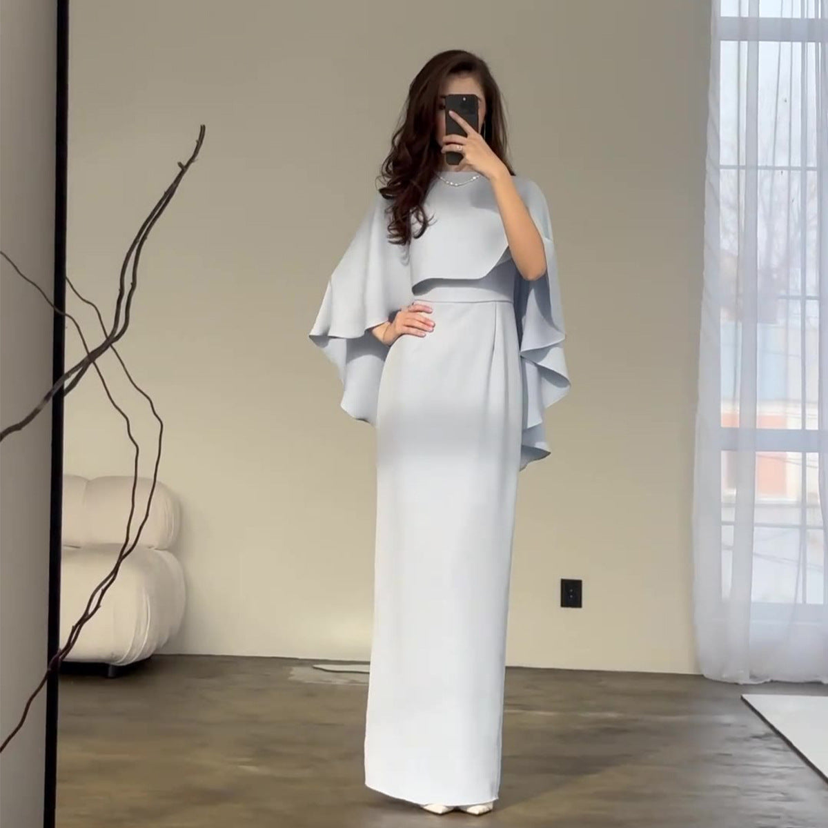 Color Satin Bat Shawl Temperament Long Dresses