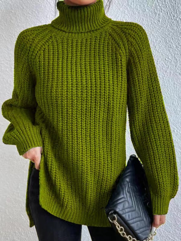 Women's Mid-length Raglan Sleeve High Lapel Split Knitwear