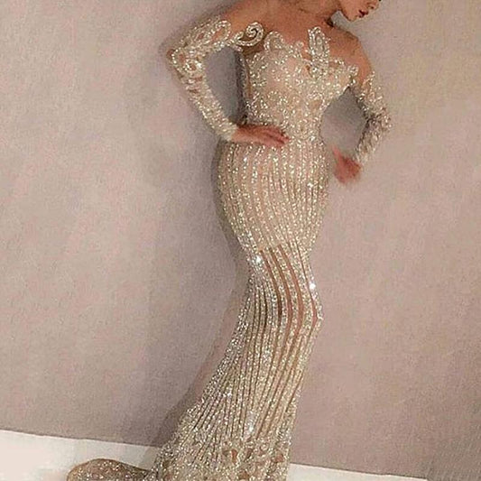 Long Dress Temperament Commute Gold Sequined Solid Color Dresses