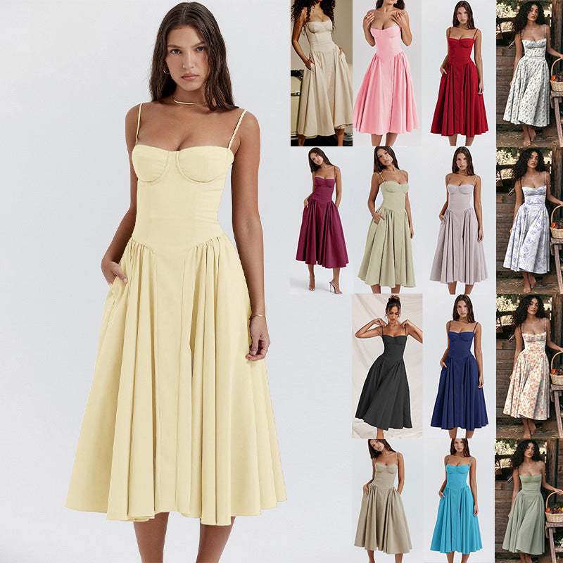 Women's Elegant Palace Style Sexy Low-cut Suspender Large Swing Dress