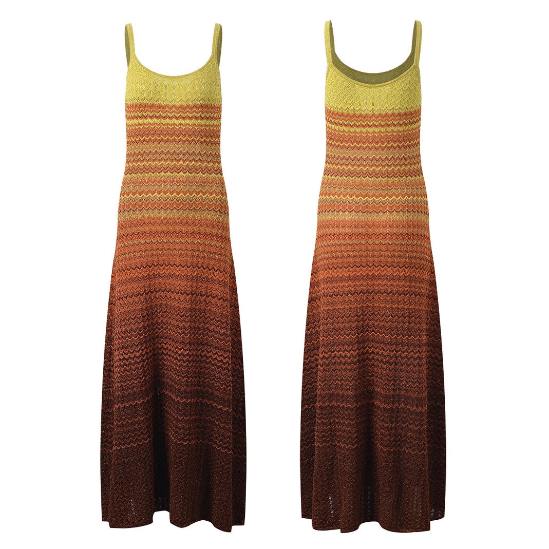 Women's Gradient Striped Knitted Slimming Blue Suspender Dress