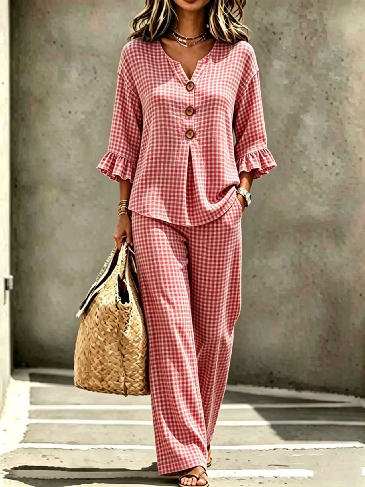 Women's Button Flounce Plaid Sleeve Trousers Tops