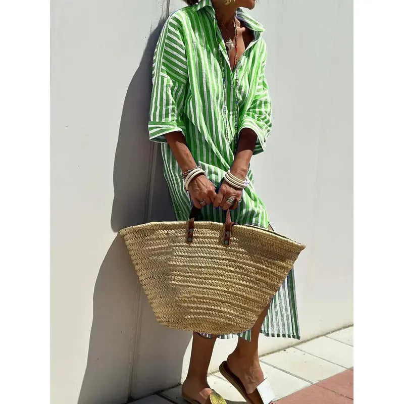 Women's Half Sleeve Striped Lapel Shirt Mid-length Dress