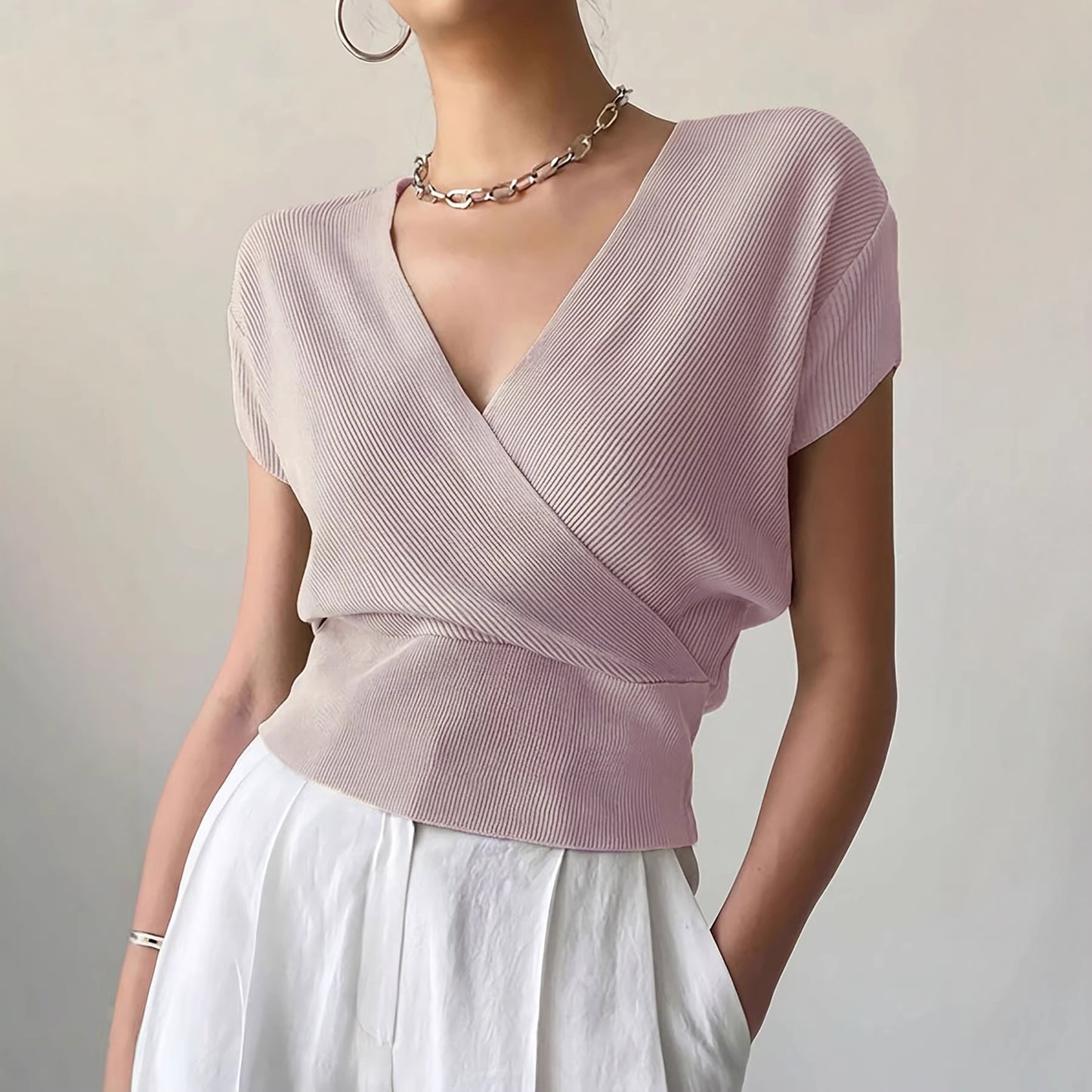 Women's Color With Cross Collar On Both Sides Easy Matching Waisted Women's Sweater