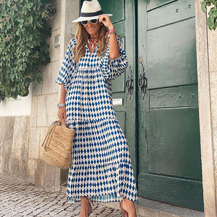 Women's Autumn Geometric Print Puff Sleeve Dress Dresses