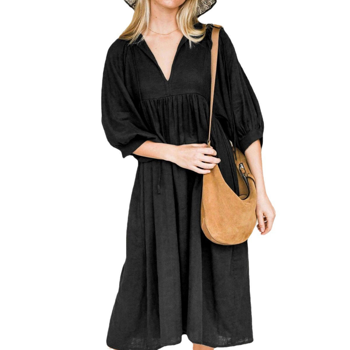 Large Loose Long Sleeve Lantern Casual Retro Solid Color Dress