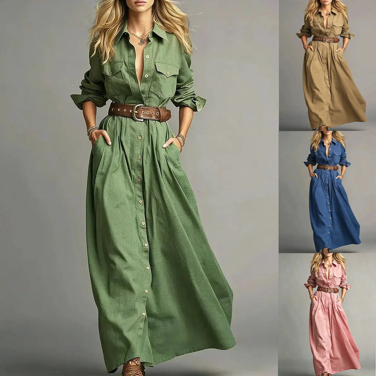 Women's Solid Color Elegant Long Shirt Button Dress