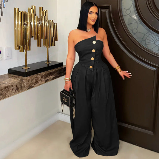 Women's Wear Sexy Tube Sleeveless Metal Button Jumpsuits