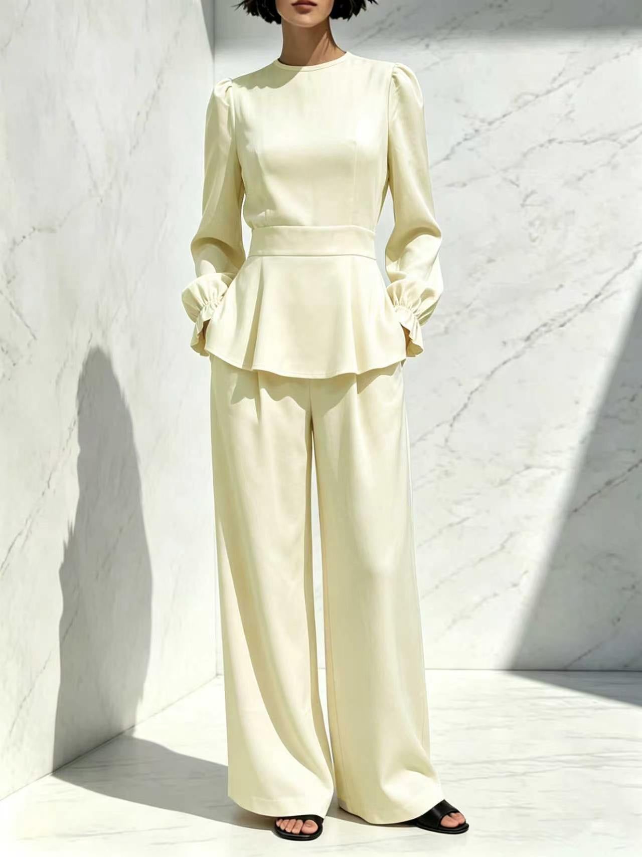 Long Sleeve Trousers Puff Design Elastic Fashion Casual Suit
