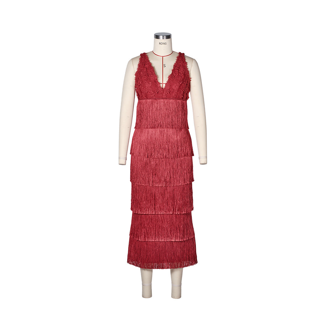 Women's Red Lace Decorated Bandage One-piece Tassel Layered Mid-length Dress