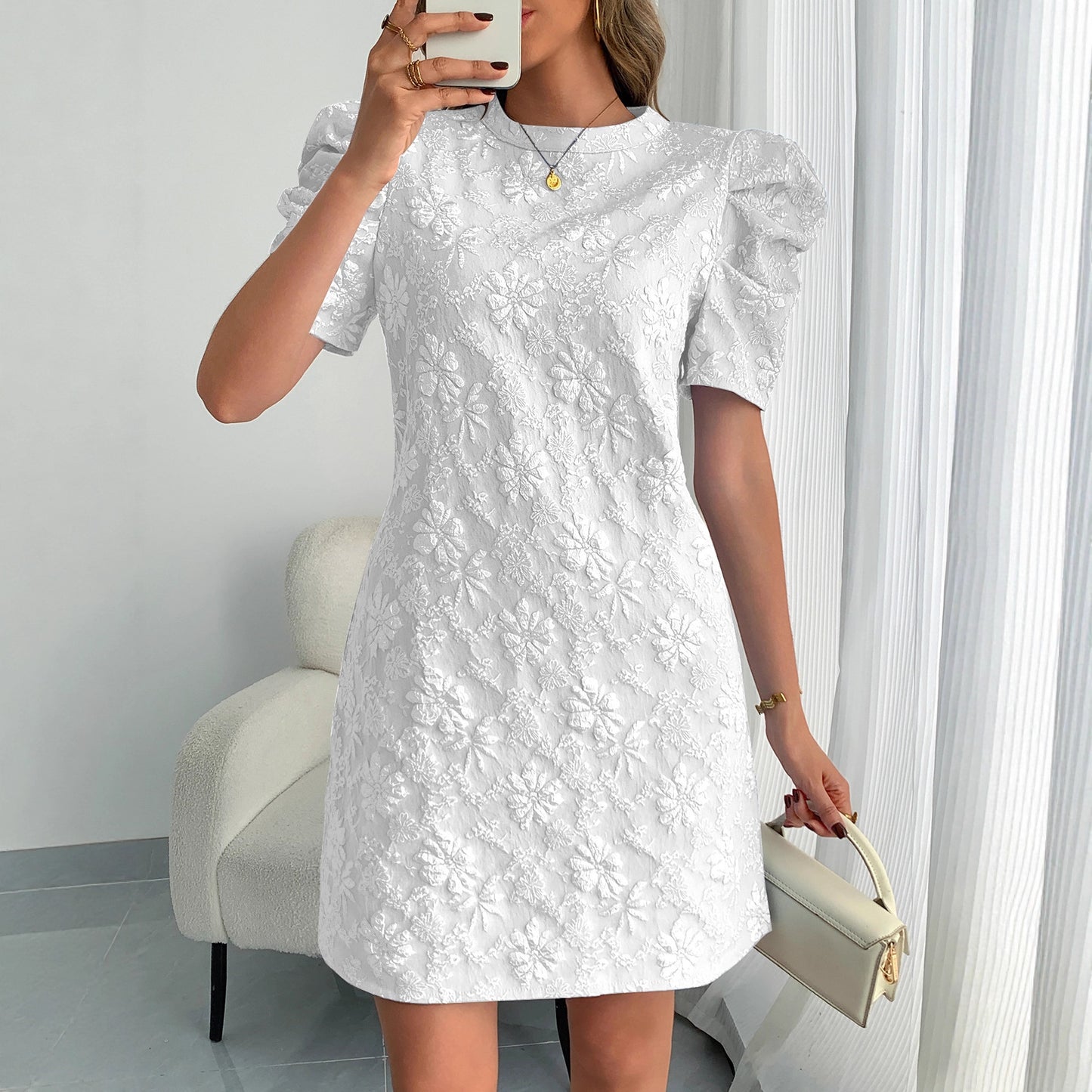 Women's Summer Bubble Sleeve Texture Jacquard Round Neck Dress