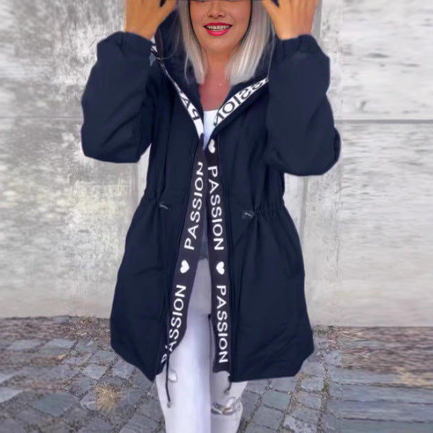 Women's Casual Drawstring Zipper Pocket Letters Coats