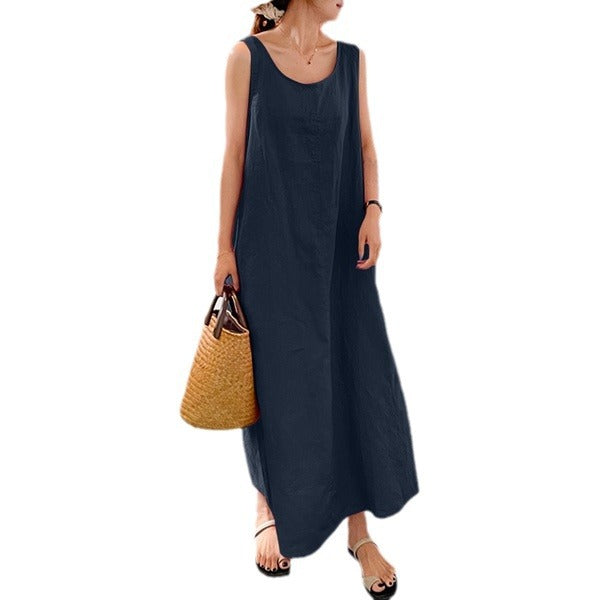 Women's Loose Pockets Round Neck Elegance Sleeveless Dresses