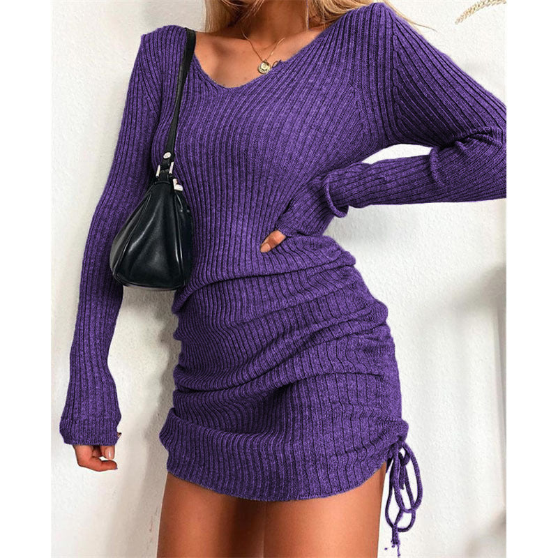 Sleeve Sexy Slim Thread Pleated Drawstring Dress