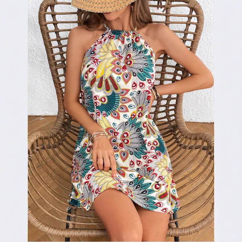 Women's Feather Print Halter Spaghetti Straps Vacation Dress