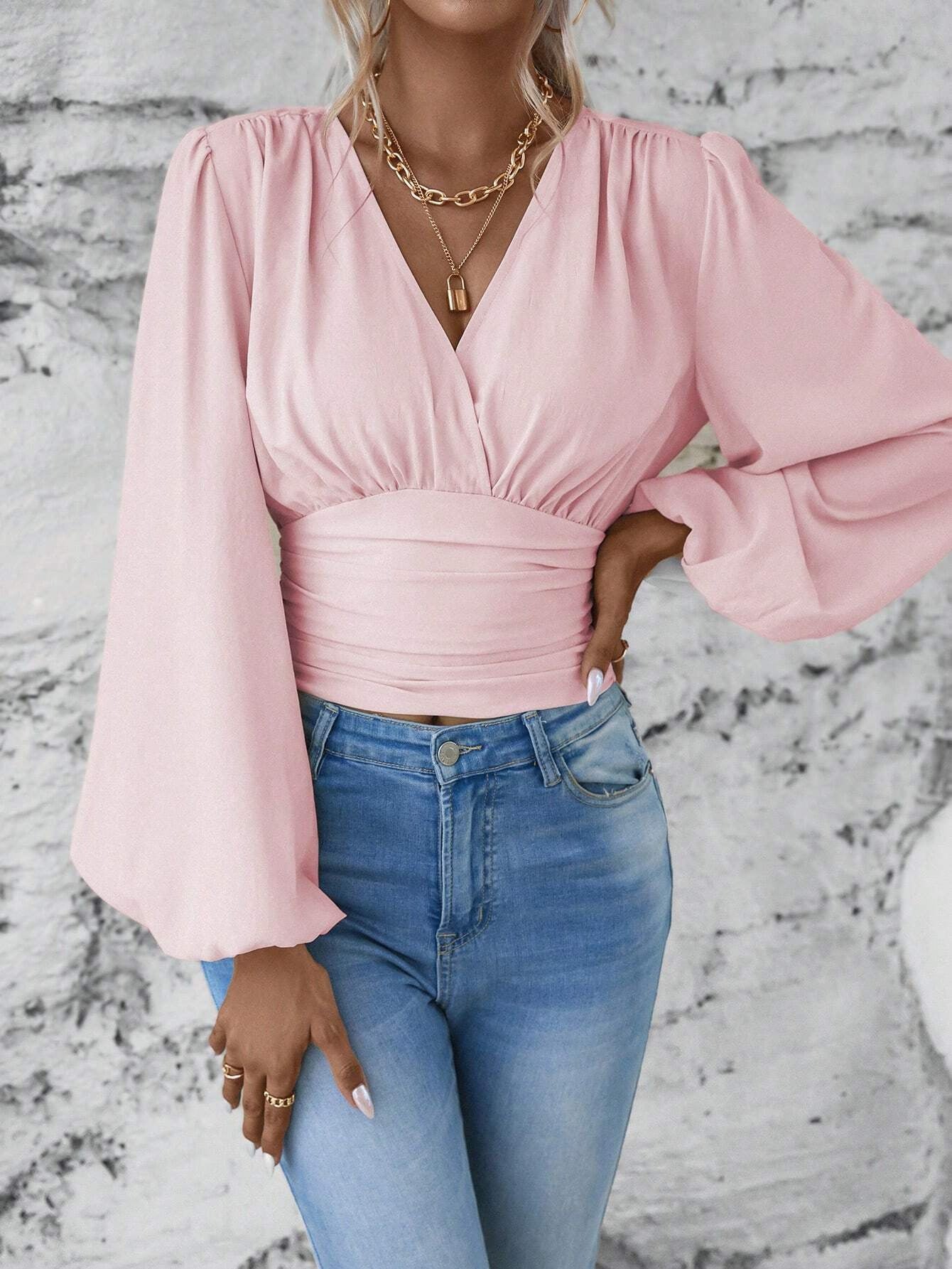 Women's Fashion Tight Waist Sleeve Solid Color Blouses