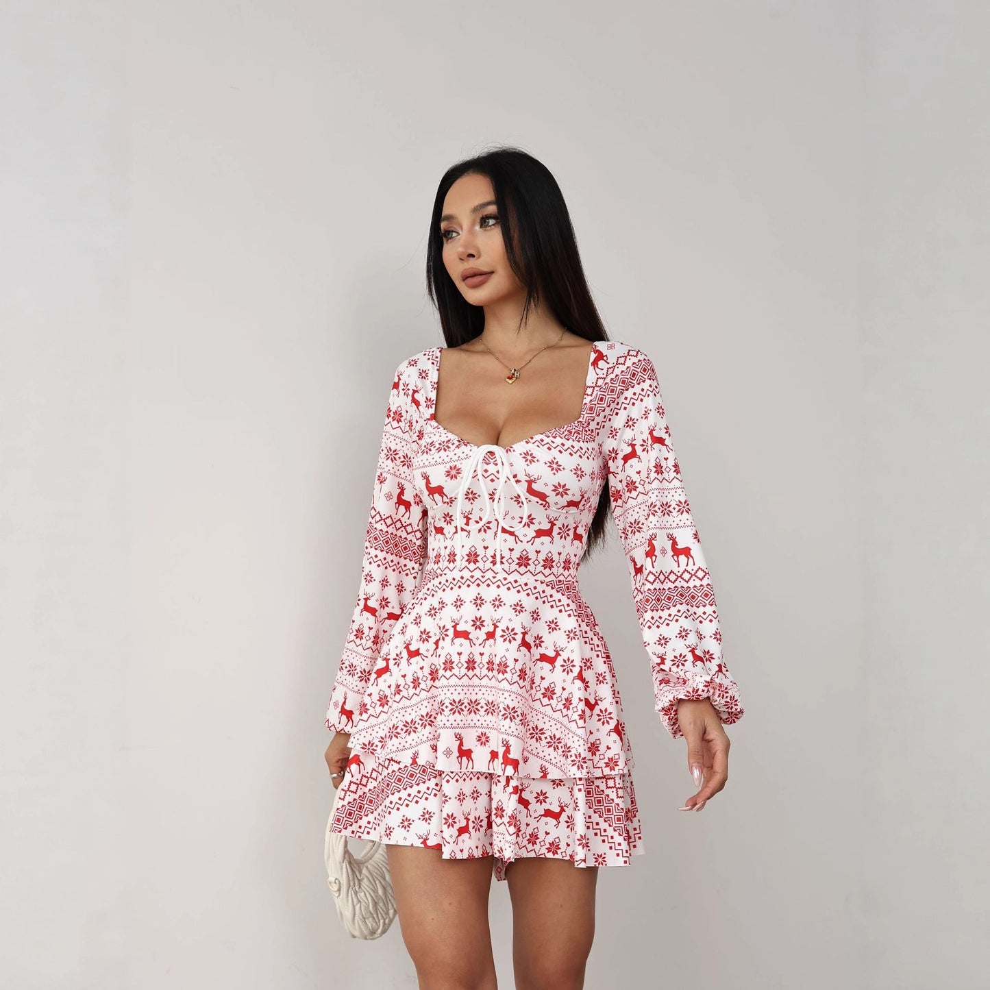 Women's Christmas Printed Drawstring Backless Long Sleeves Dress