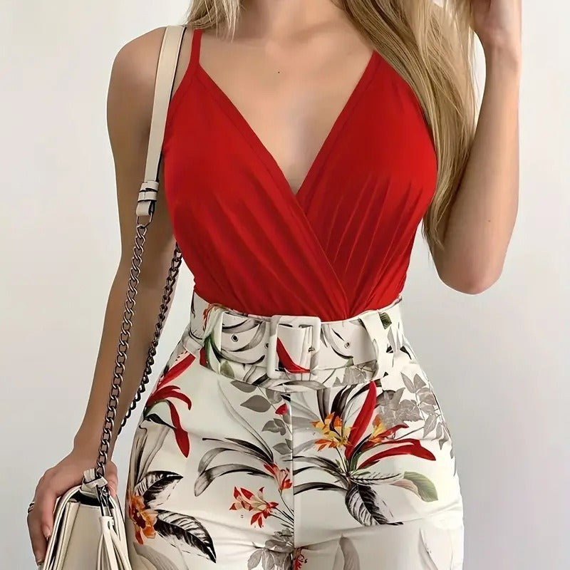 Women's Collar Camisole Plant Print With Belt Fashion Casual Suit