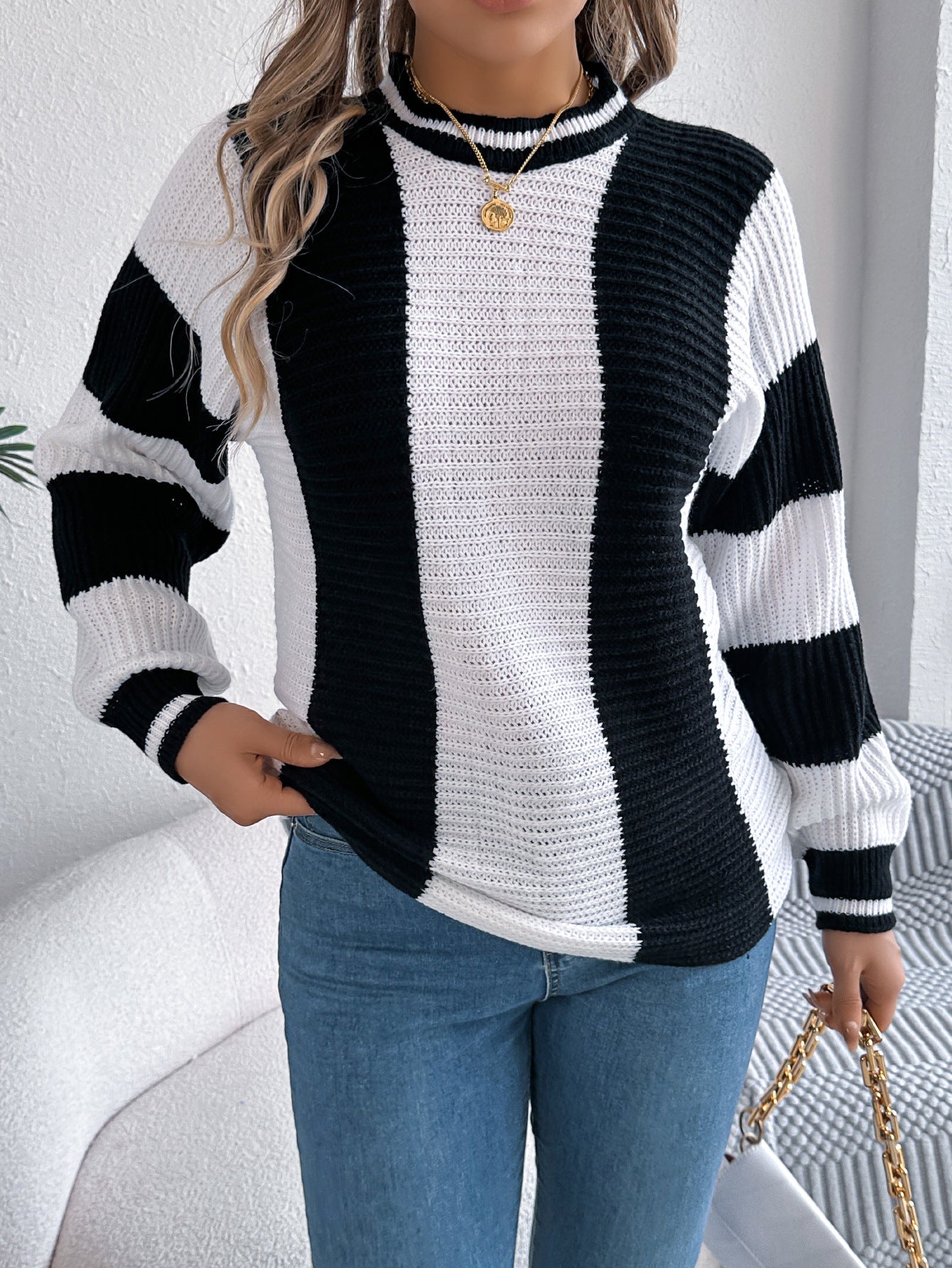 Women's Casual Contrast Color Striped Lantern Long Sleeve Sweater