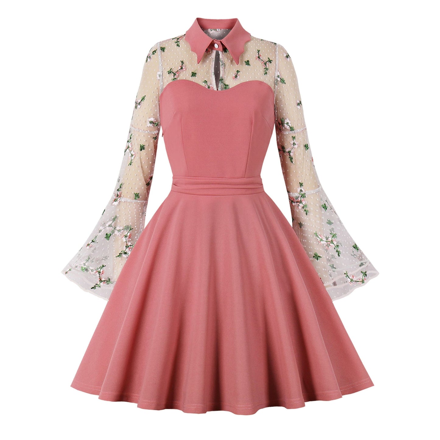 Women's Black Sleeve Mesh Embroidered Bell Patchwork Dresses