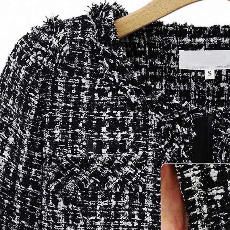 Women's Black White Lattice Pattern Tweed Coats
