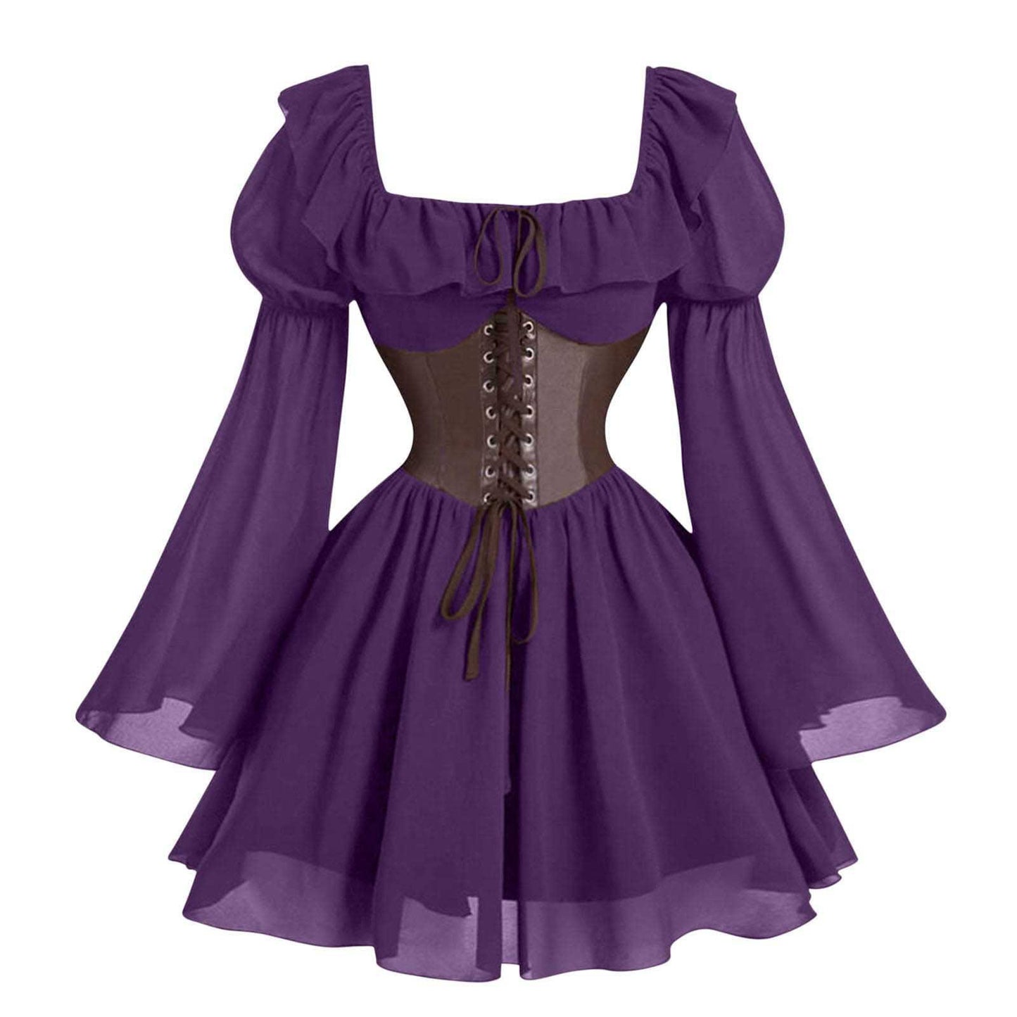Medieval Puff Sleeve Dress Halloween Drawstring Skirts
