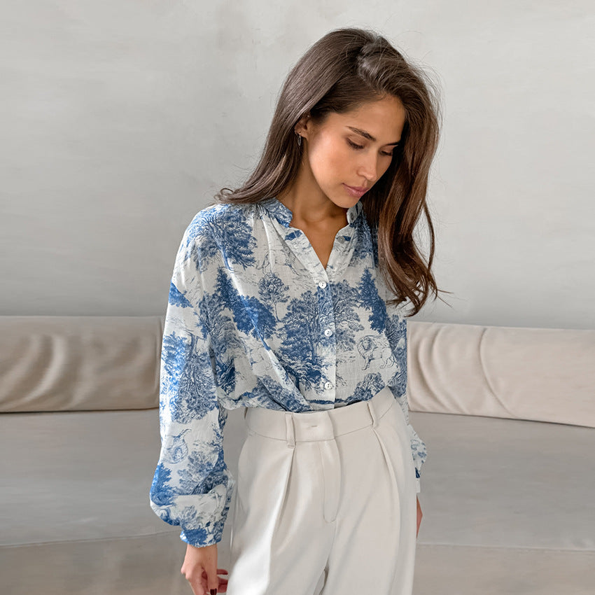 Women's Fashion Stand Collar Long Sleeve Loose Shirt Versatile Casual Blouses