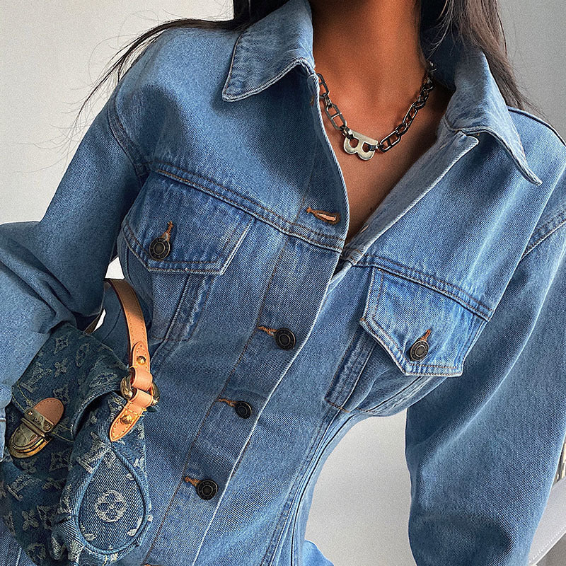 Pleated Long Sleeve Cowboy Siamese Dress Dresses
