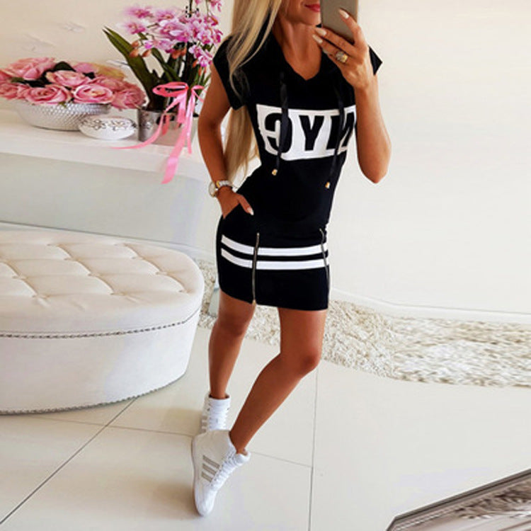 Classic Women's Fashion Short-sleeved Hooded Split Dress