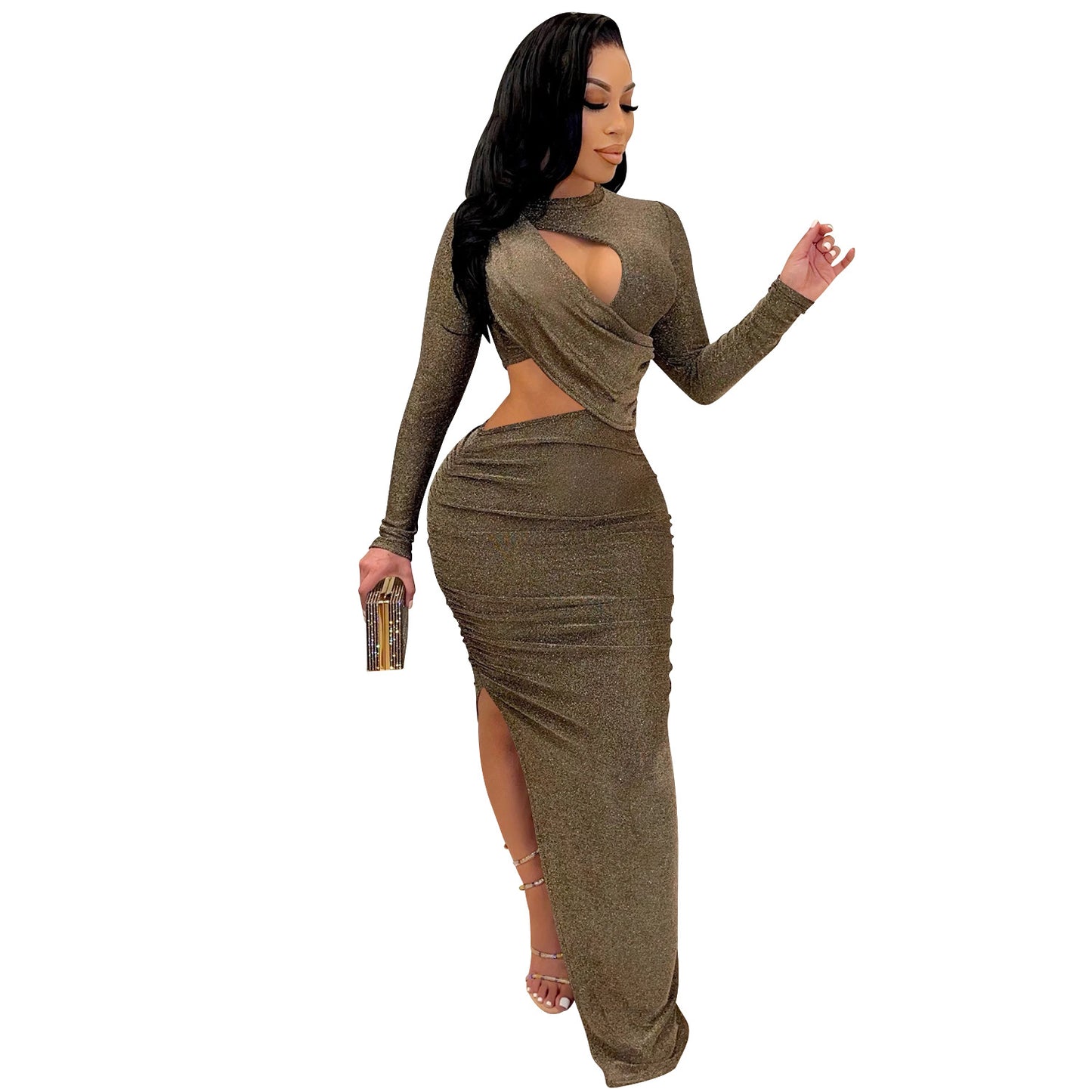 Solid Color Round Neck Long Sleeve Hollow Dresses