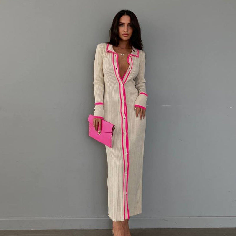 Women's Slim Fit Lapel Patchwork Long-sleeved Dress Dresses