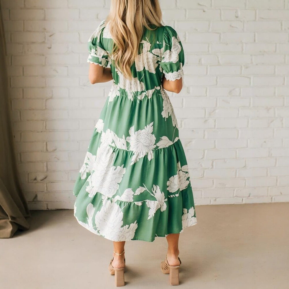 Lapel Print Ribbon Stitching Bohemian Holiday Dress