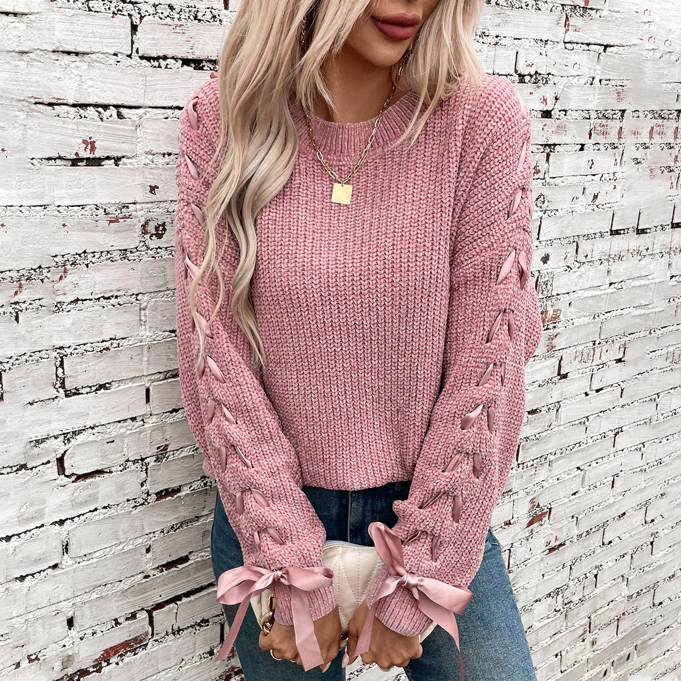 Women's Bow Pullover Loose Casual Long Sleeves Sweater