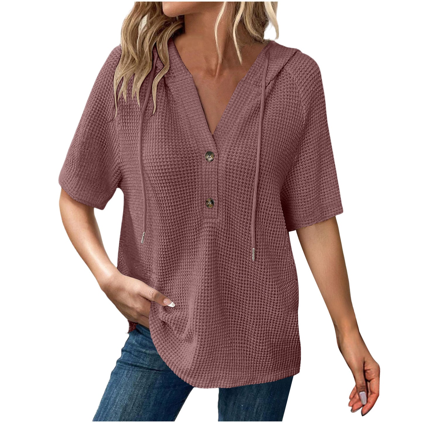 Women's Solid Color Waffle Hooded Button Loose Sleeve Shorts