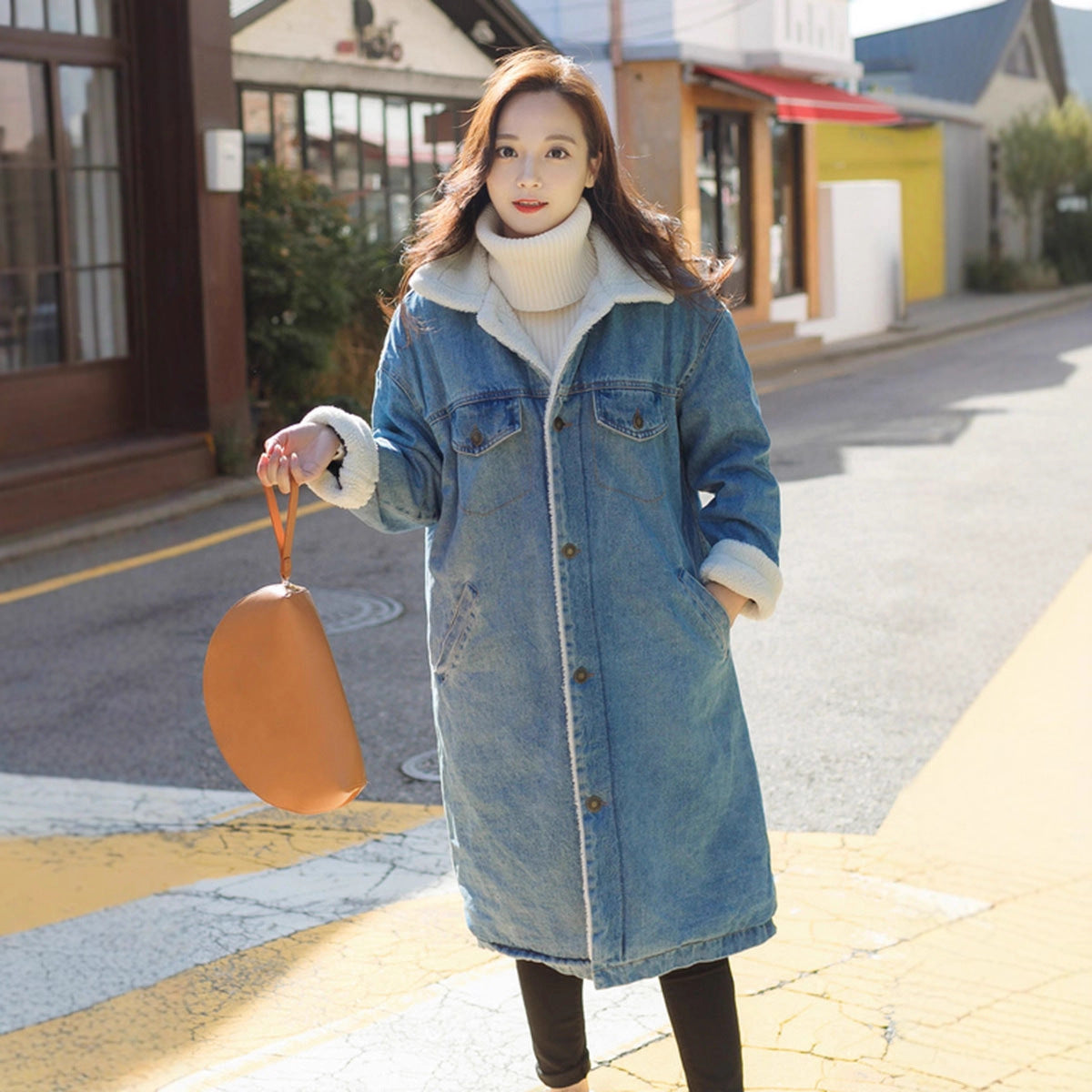 Women's Lamb Wool Denim Mid-length Fleece-lined Thick Plus Size