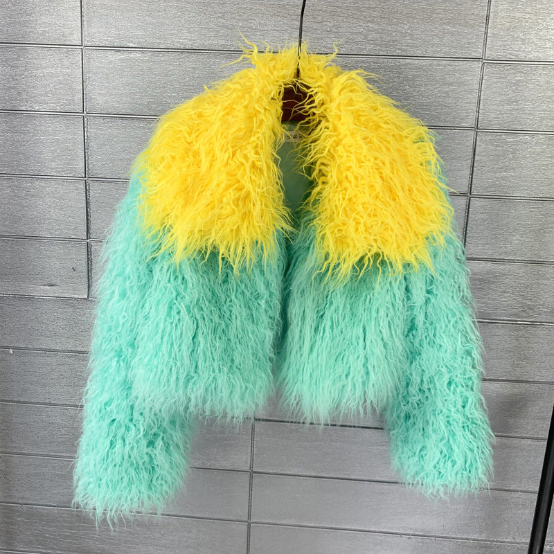 Women's Contrast Color Imitation Wool Faux Fur Coats