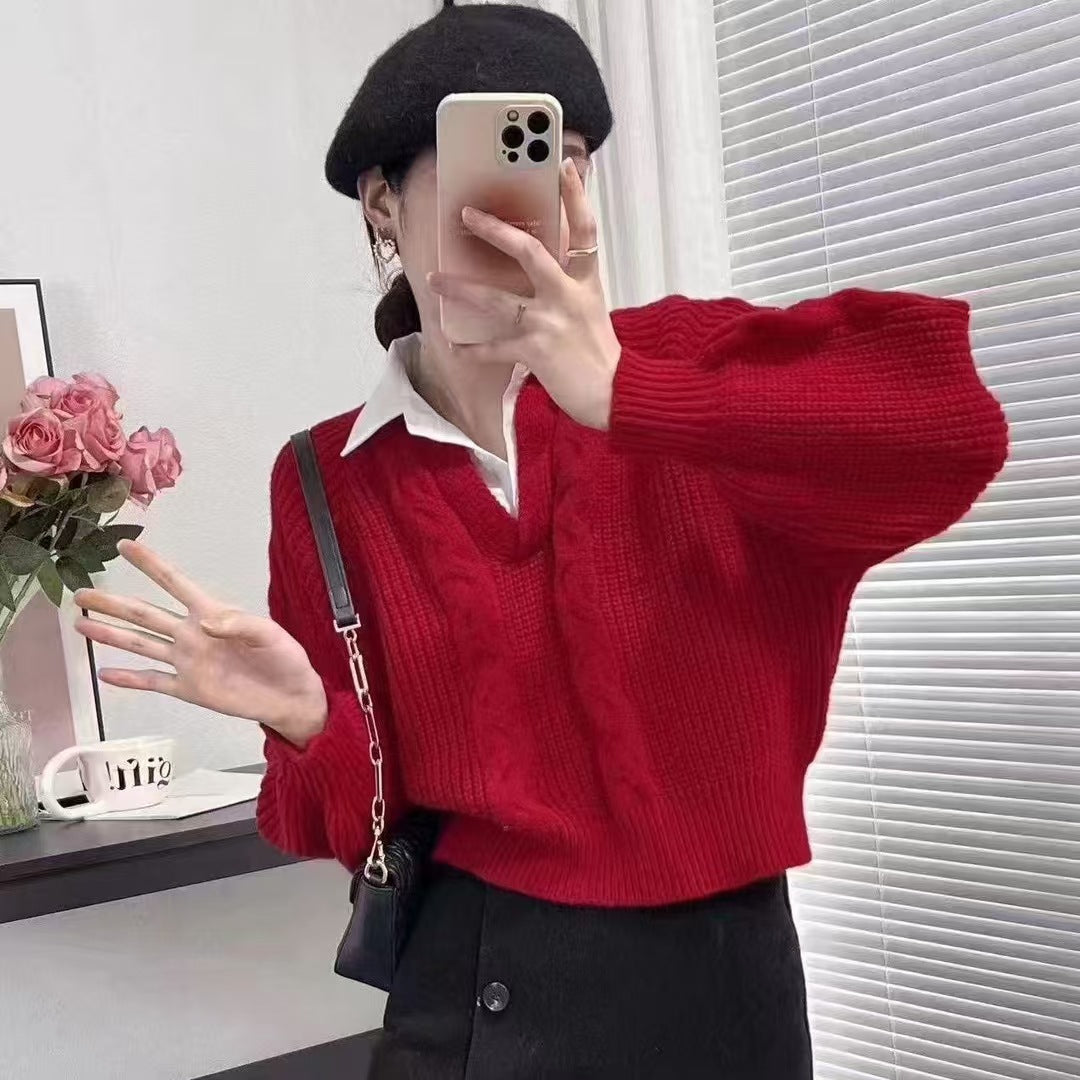 Women's Style Fake Two-piece Autumn Design Pullover Loose Slimming Sweater