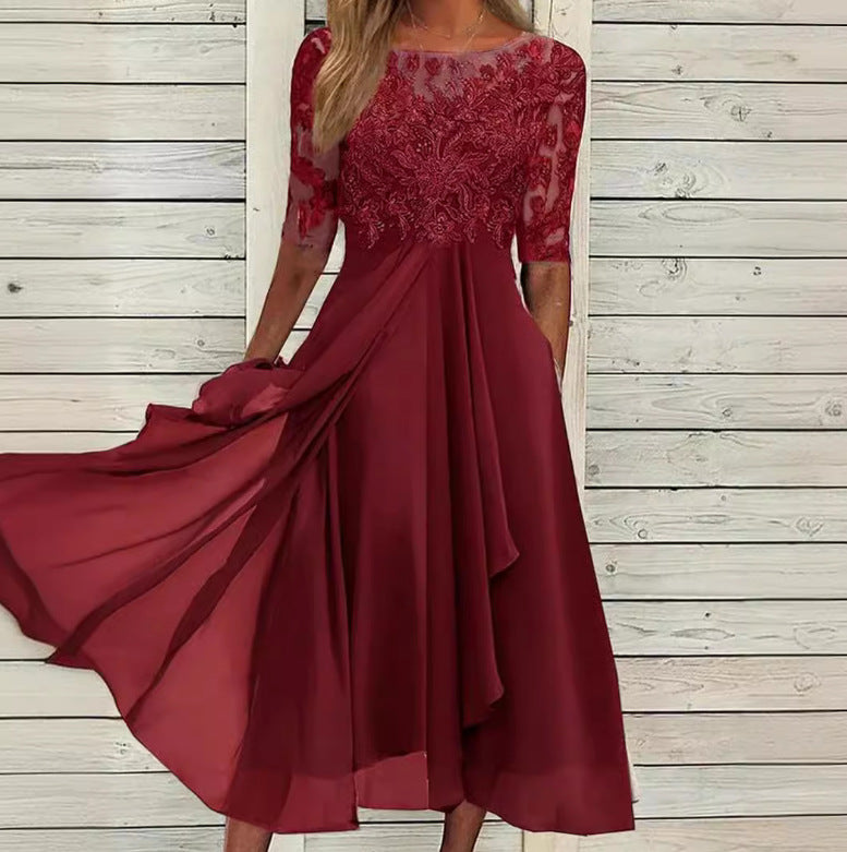 Women's Chiffon Stitching Lace Long Bridesmaid Dress