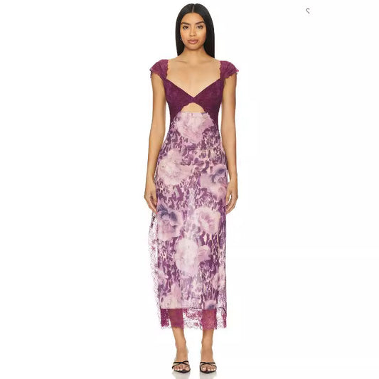 Women's Lace Backless Shoulder Strap Stitching Slit Dresses