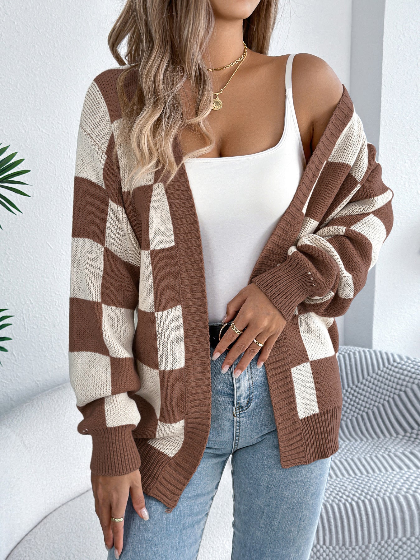 Versatile Women's Check Lantern Sleeve Mid-length Sweaters