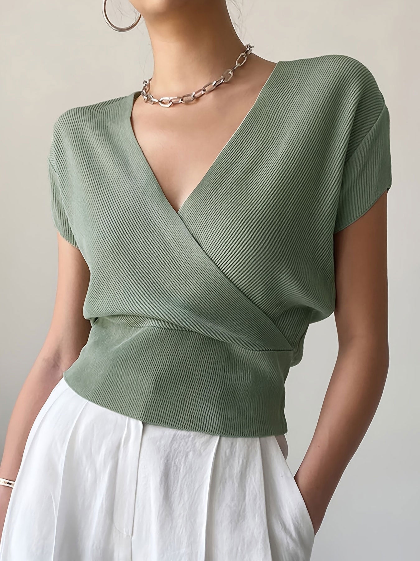 Women's Color With Cross Collar On Both Sides Easy Matching Waisted Women's Sweater