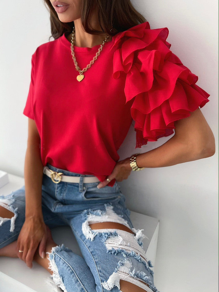 Women's Summer Simple Fashion Ruffles Sleeve Round Blouses