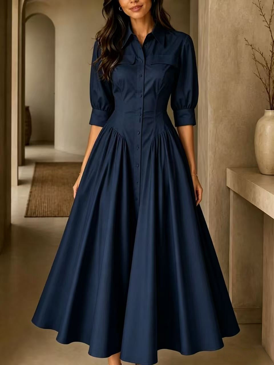 Linen Blended Breasted High Waist Pure Color Dress