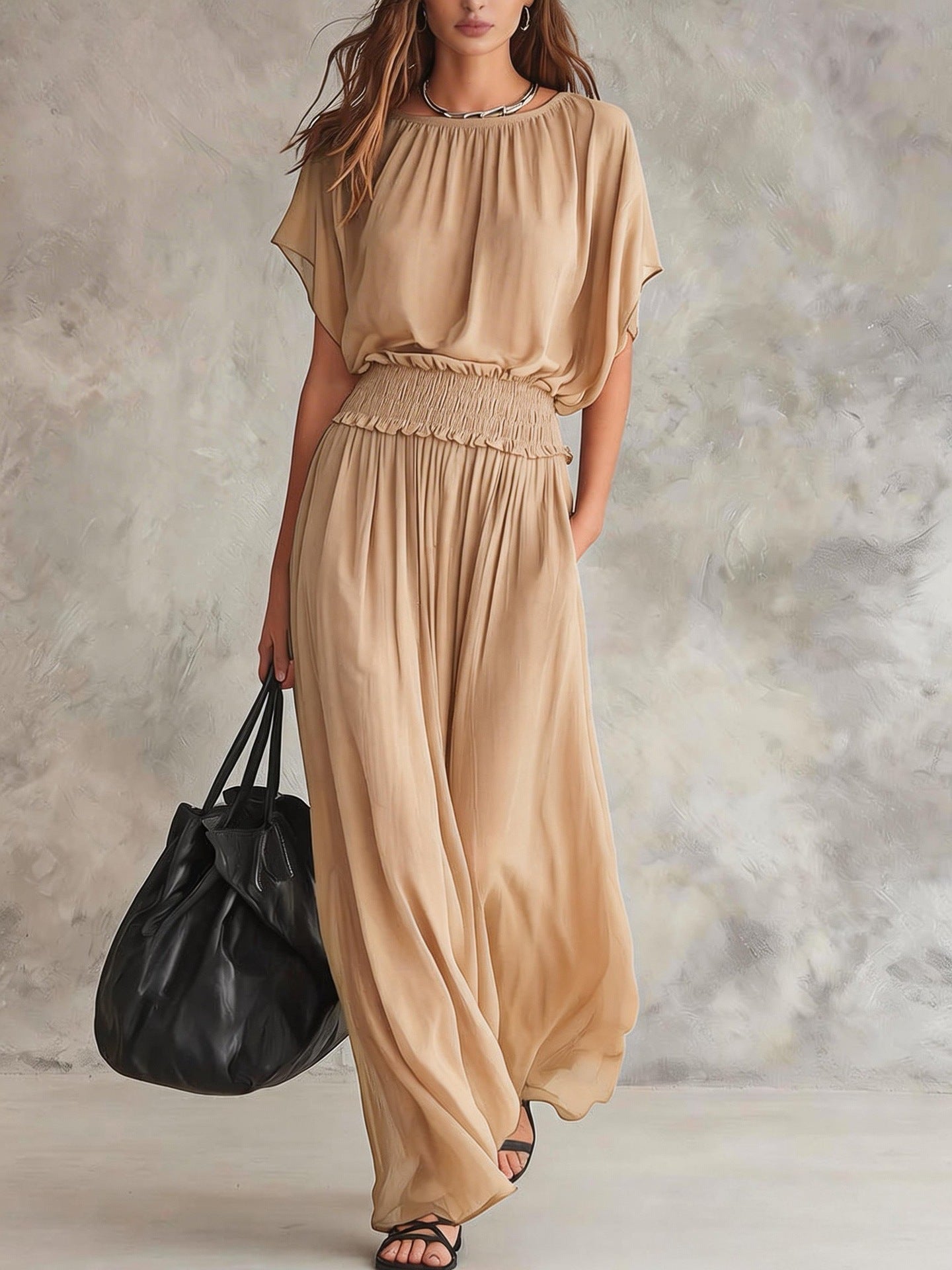 Summer Draping Smocking Elegant Exquisite Long Dress