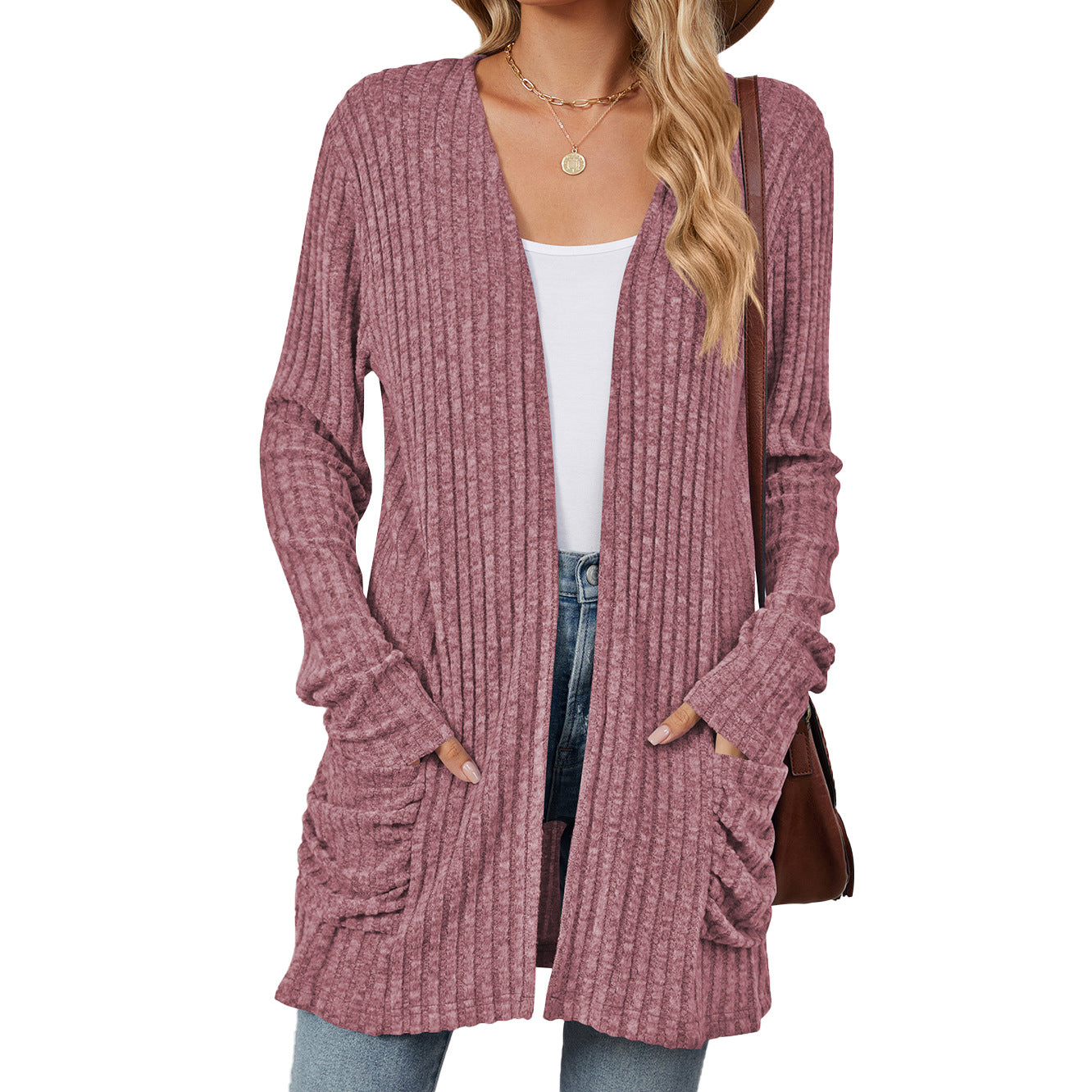Solid Color Pocket Long Sleeve Bottoming Knitwear
