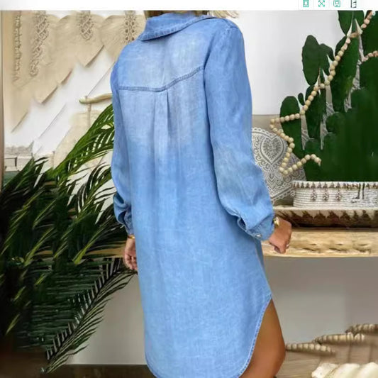 Breasted Pocket Solid Color Denim Shirt Dresses