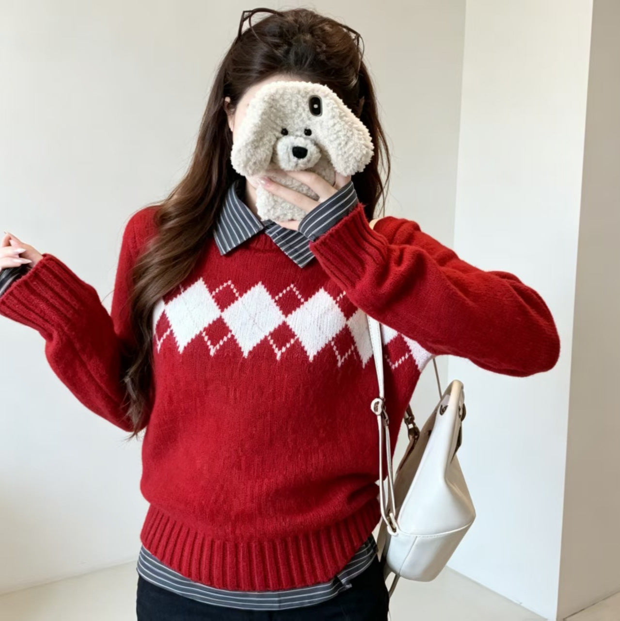 Women's Style Rhombus Jacquard Crew Neck Pullover Casual Women's Sweater