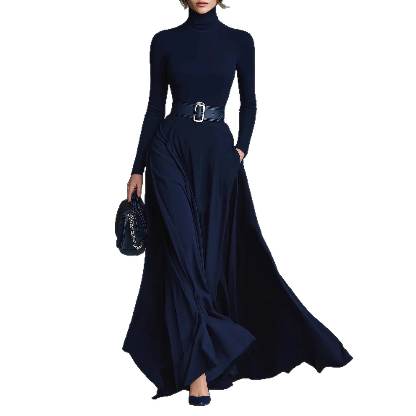 Women's Long-sleeved Solid Color Turtleneck Dress Long Dresses