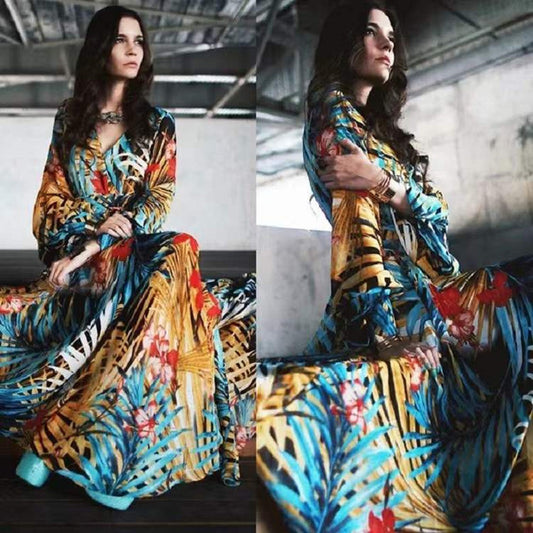 Lantern Sleeve Sexy Deep V Printed Dresses