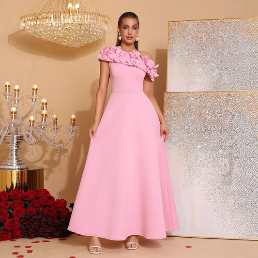 Elegant Oblique Shoulder Dress Stitching Flower Waist Slimming Style Dresses